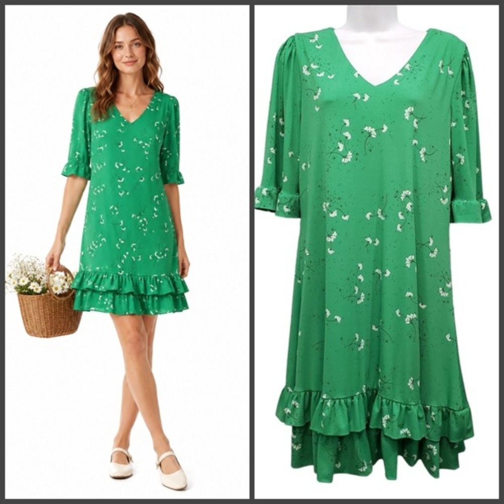 CeCe Tiered Ruffle‎ Green Floral Dress Romantic Cottagecore Garden Party Size M